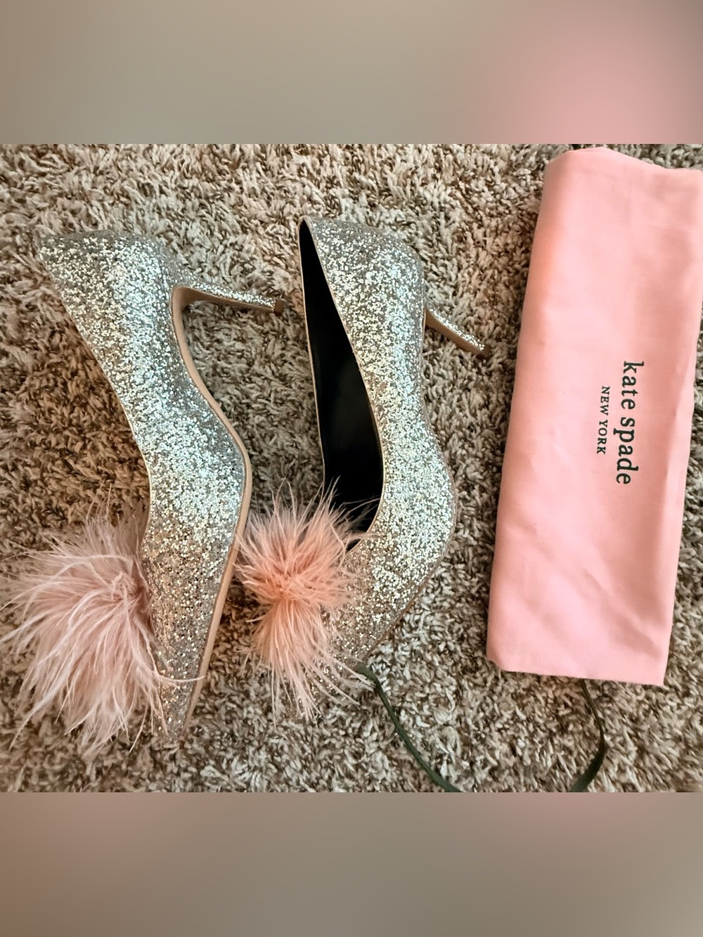 kate spade Silver Glitter Pointed Pumps with Pink Feather Poms - Picture 4 of 8